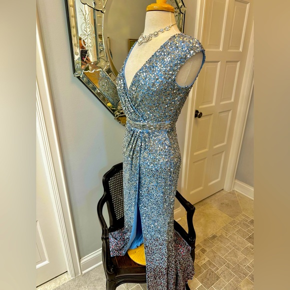 NWT Mac Duggal Gorgeous Blue Goddess Sexy Seqin To The Floor High Slit Gown - Picture 8 of 16